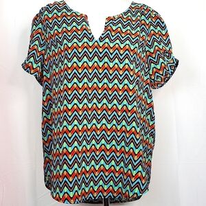 DANIEL RAINN SIZE L TOP MULTICOLOR VIBRANT SPRING SUMMER GEO BLOUSE EUC‎